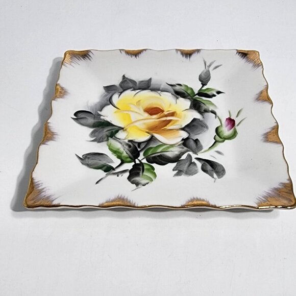 Lefton China Hand Painted Square Dish With Yellow Rose Design Gold Trim Vintage - Picture 10 of 10